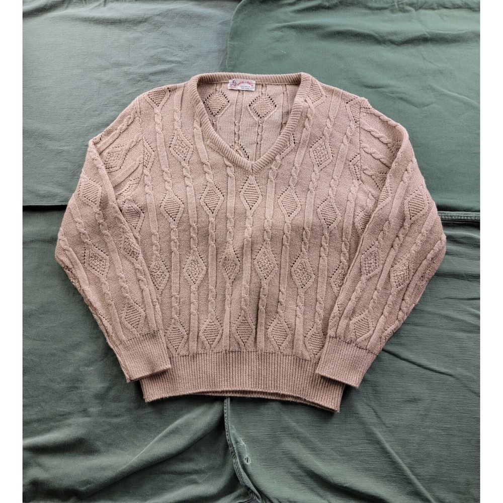 Vintage Peck & Peck Fifth Avenue Beige Cable Knit Wool V-neck Pullover Sweater M